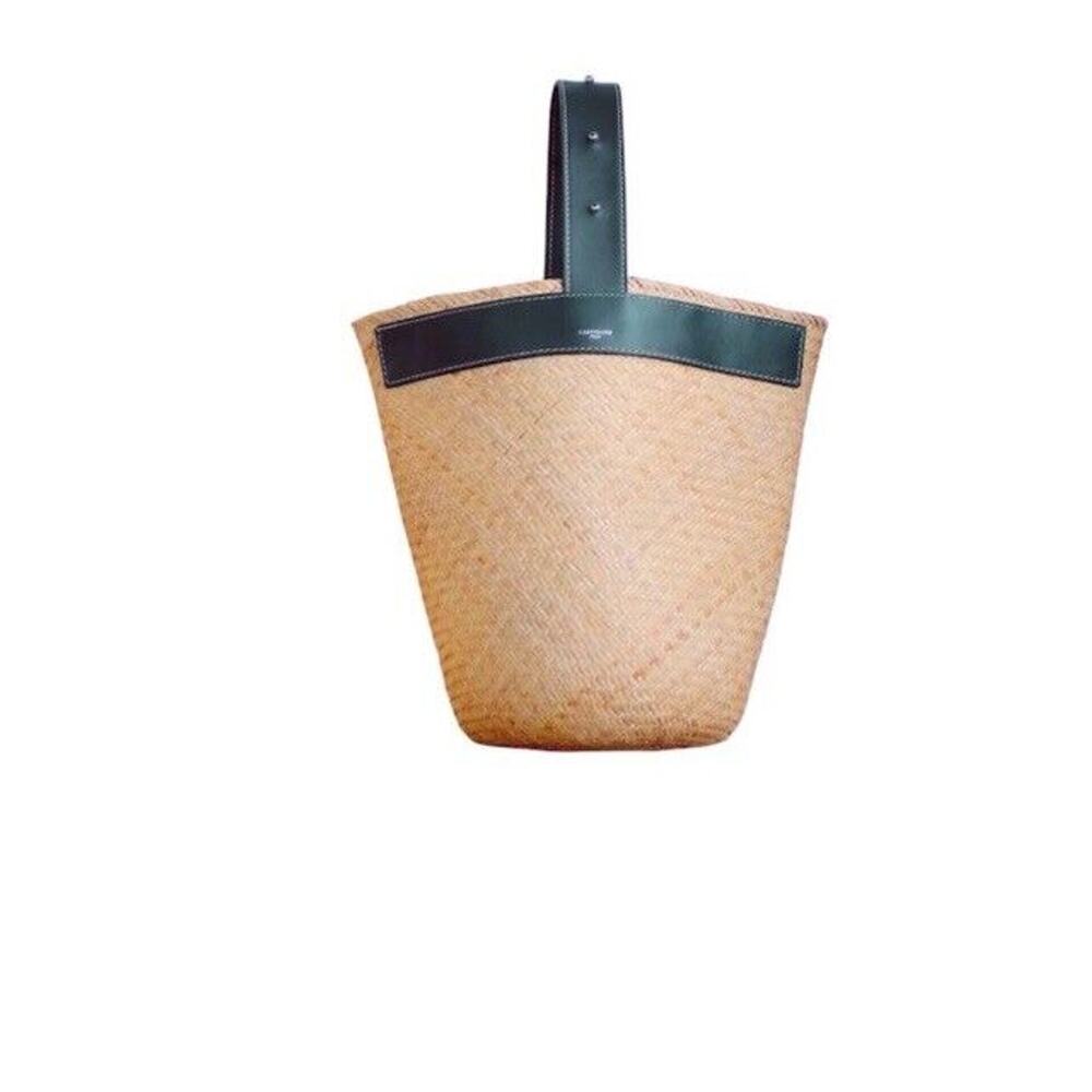 Woven Straw Shoulder Bag with Black Leather Trim